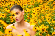 Portrait of a woman in a garden amongst Black Eyed Susans
