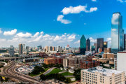 Dallas, Texas skyline showing Dealey Plaza, the site of John F. Kennedy's assasination.