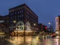 Alabama Theatre and the Lyric Theatre on a rainy night