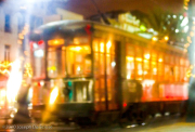 A brightly lit street car on Canal Street in New Orleans.