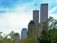 Photo, Twin Towers from Wagner Park, New York City, historical